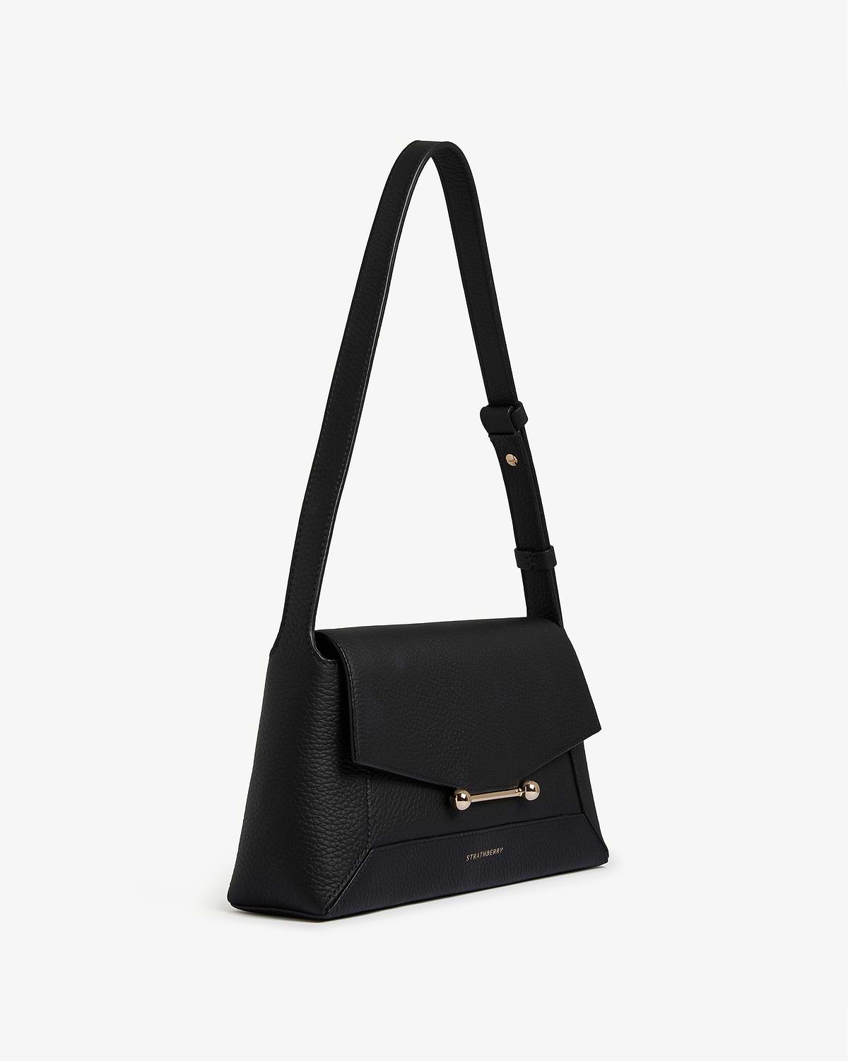 Black Strathberry Mosaic Shoulder bag with flap and gold bar fastening.