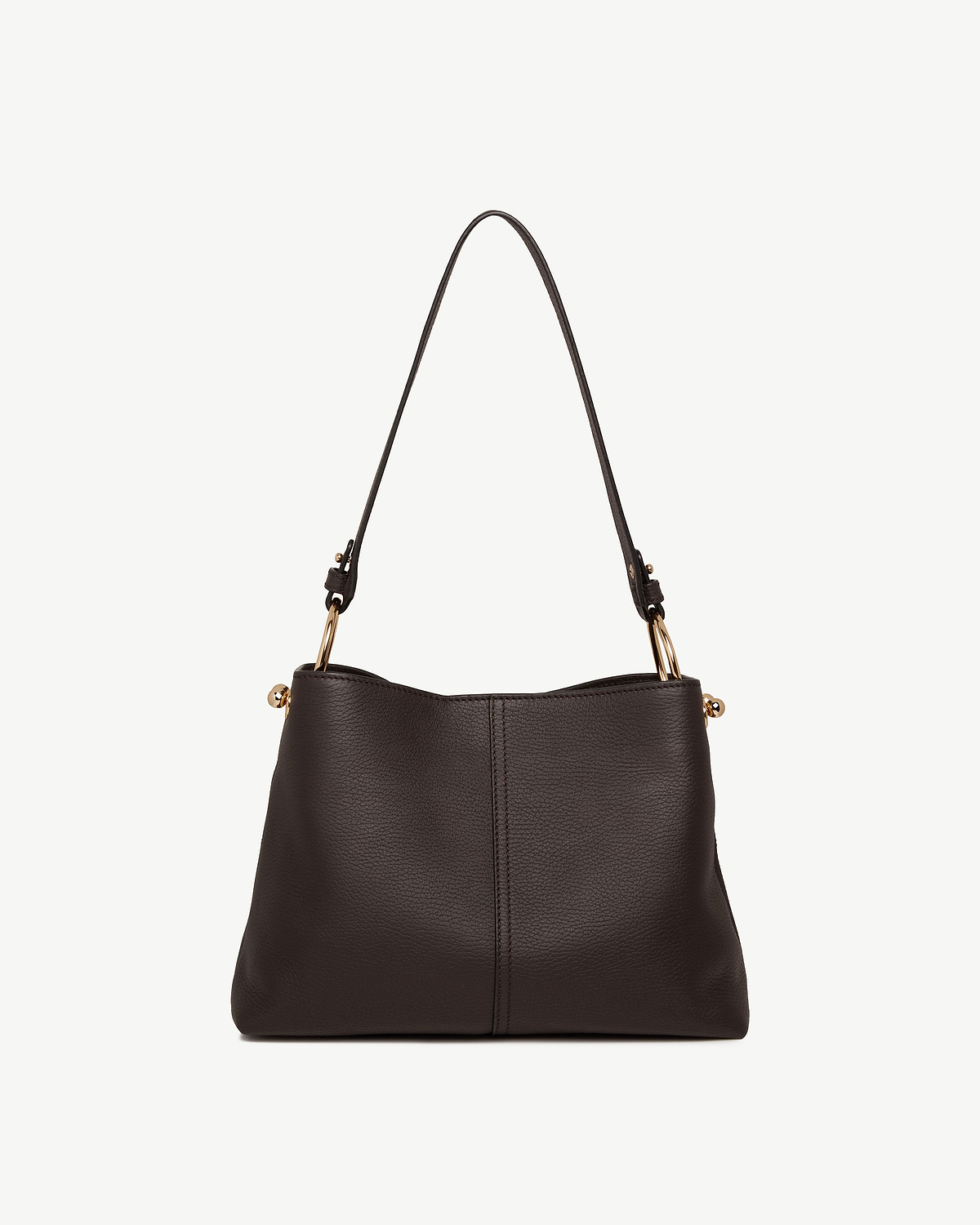 Espresso leather Lana hobo bag with gold ring hardware and single shoulder strap.