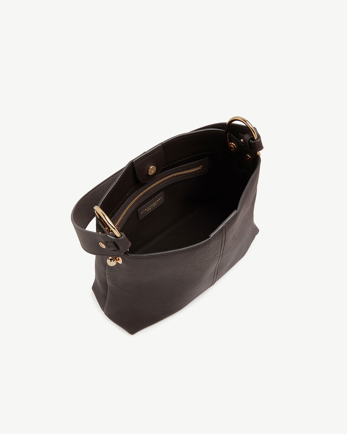 Strathberry Lana Hobo in espresso pebbled leather, open top showing internal zip pocket