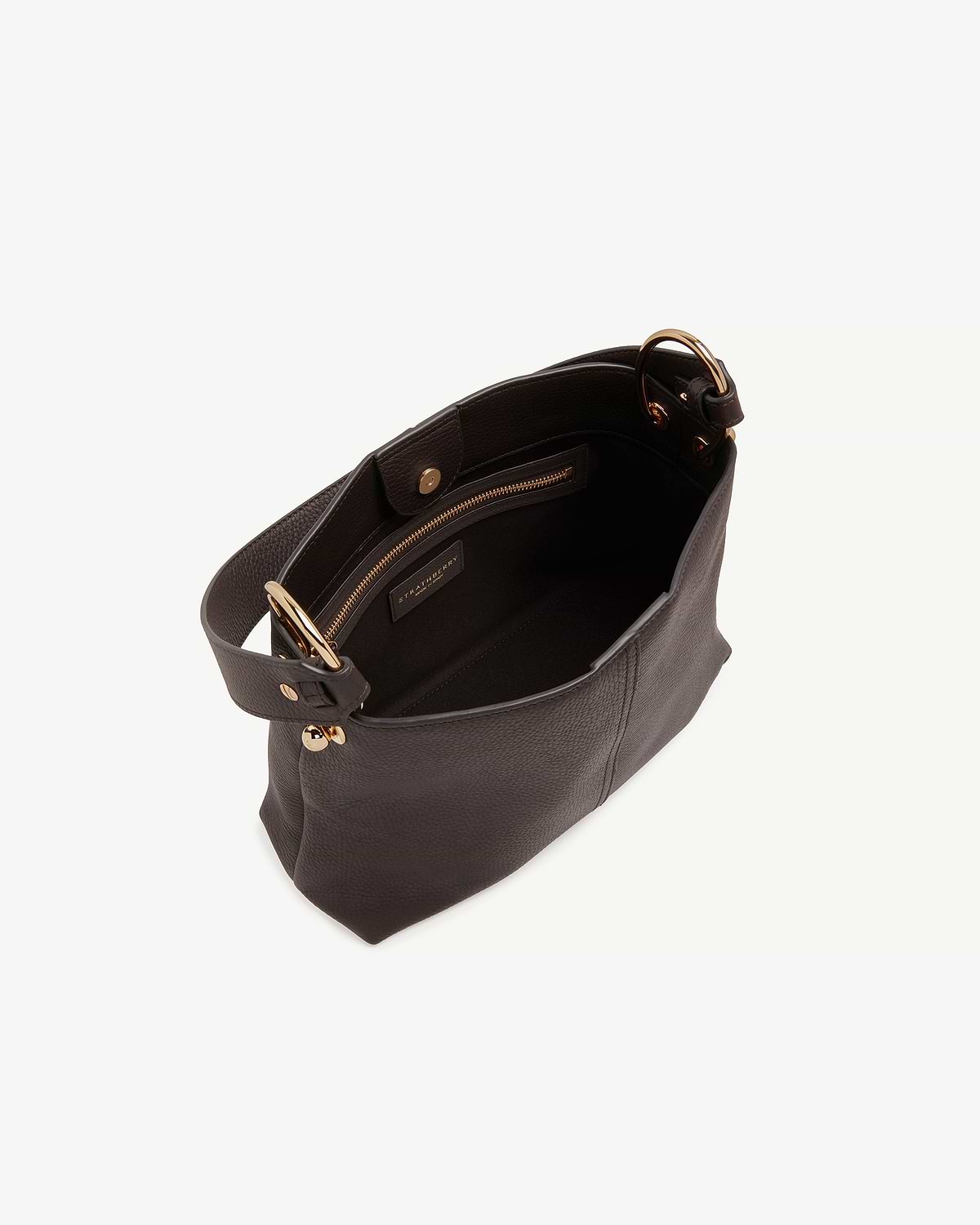 Strathberry Lana Hobo in espresso pebbled leather, open top showing internal zip pocket