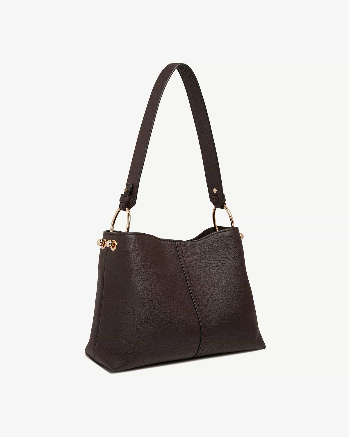 Espresso leather hobo bag with single shoulder strap and gold ring hardware