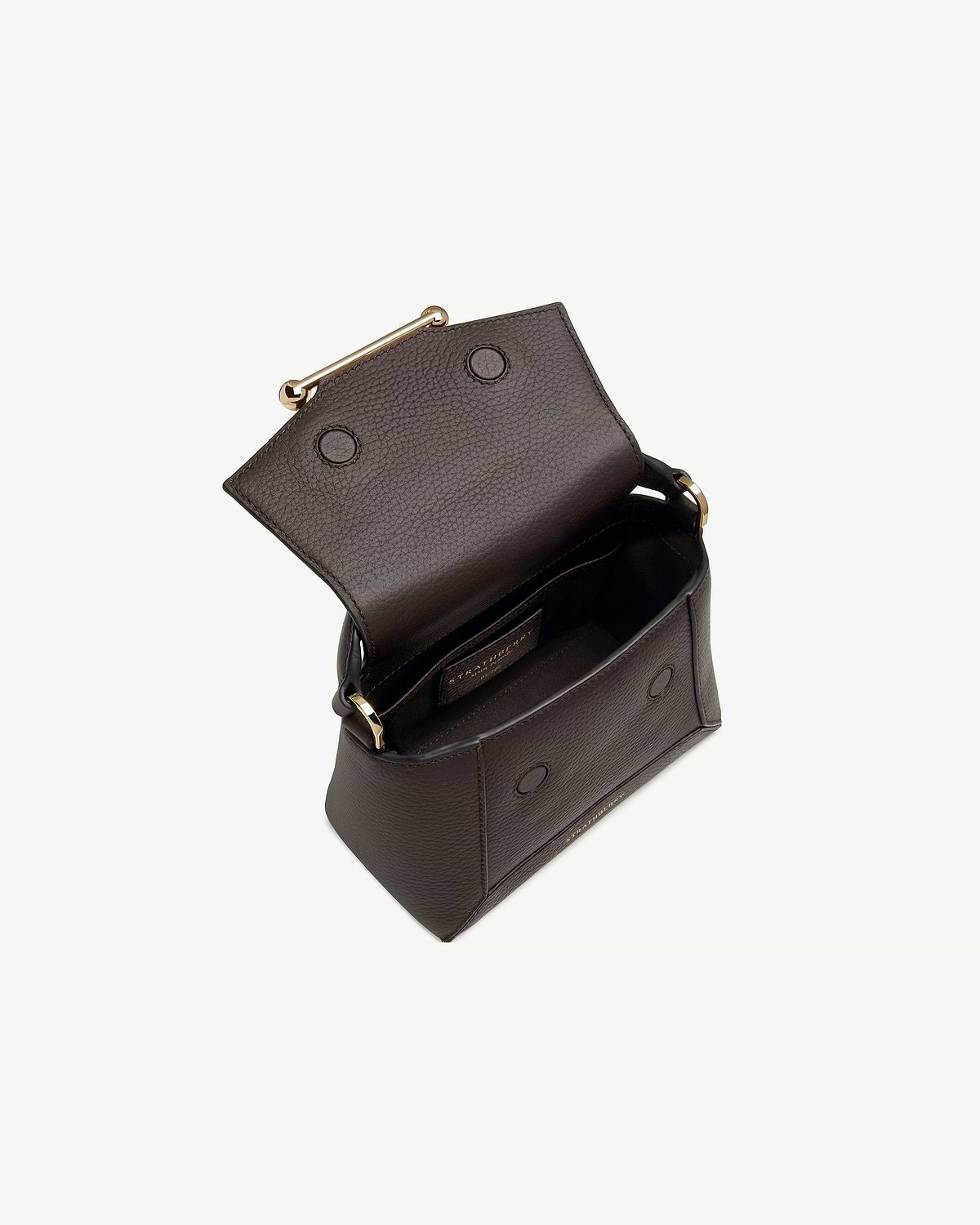 Strathberry Mosaic Nano espresso leather bag, open showing flap, interior and gold hardware.