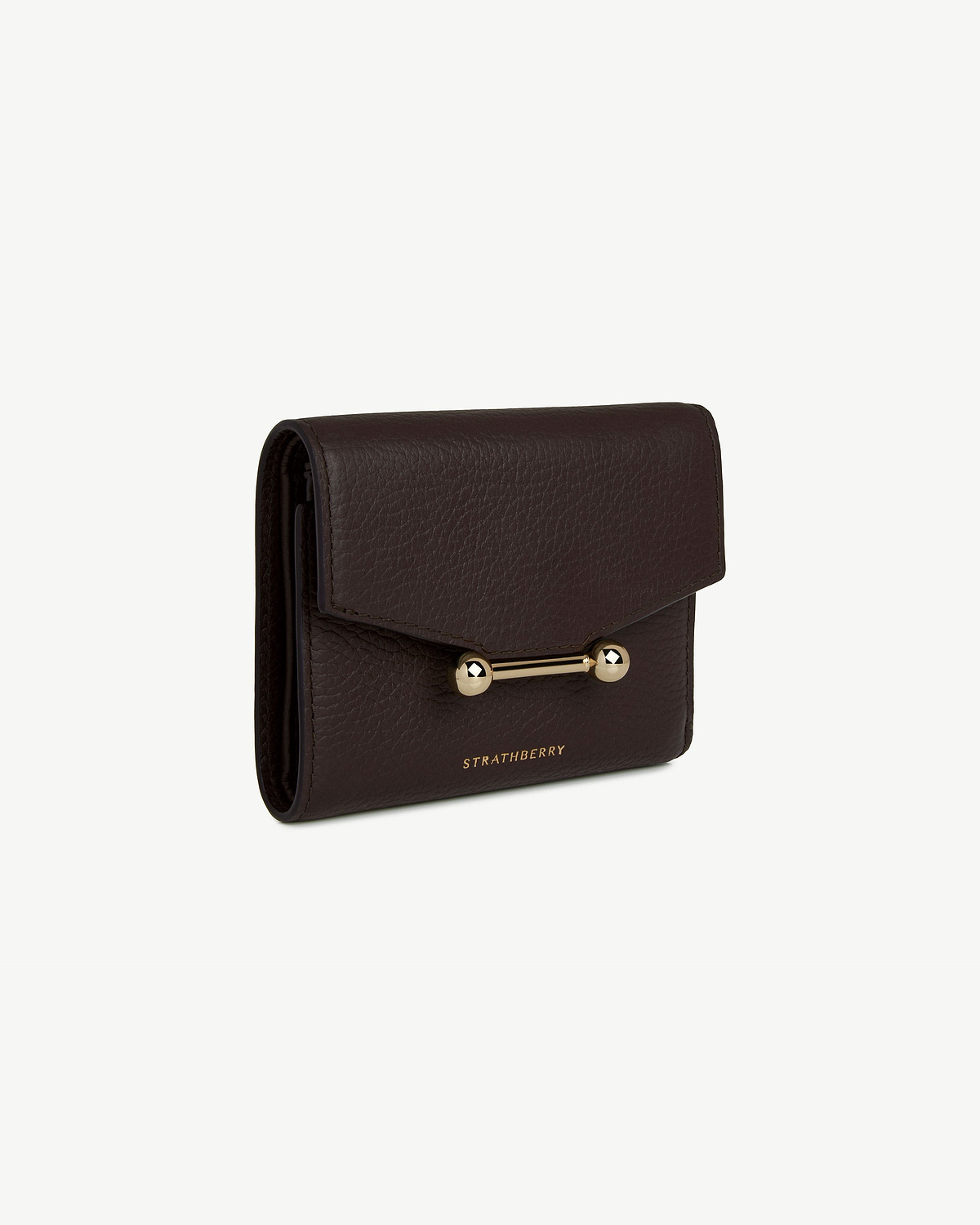 Strathberry Mosaic trifold wallet in espresso leather with gold bar hardware