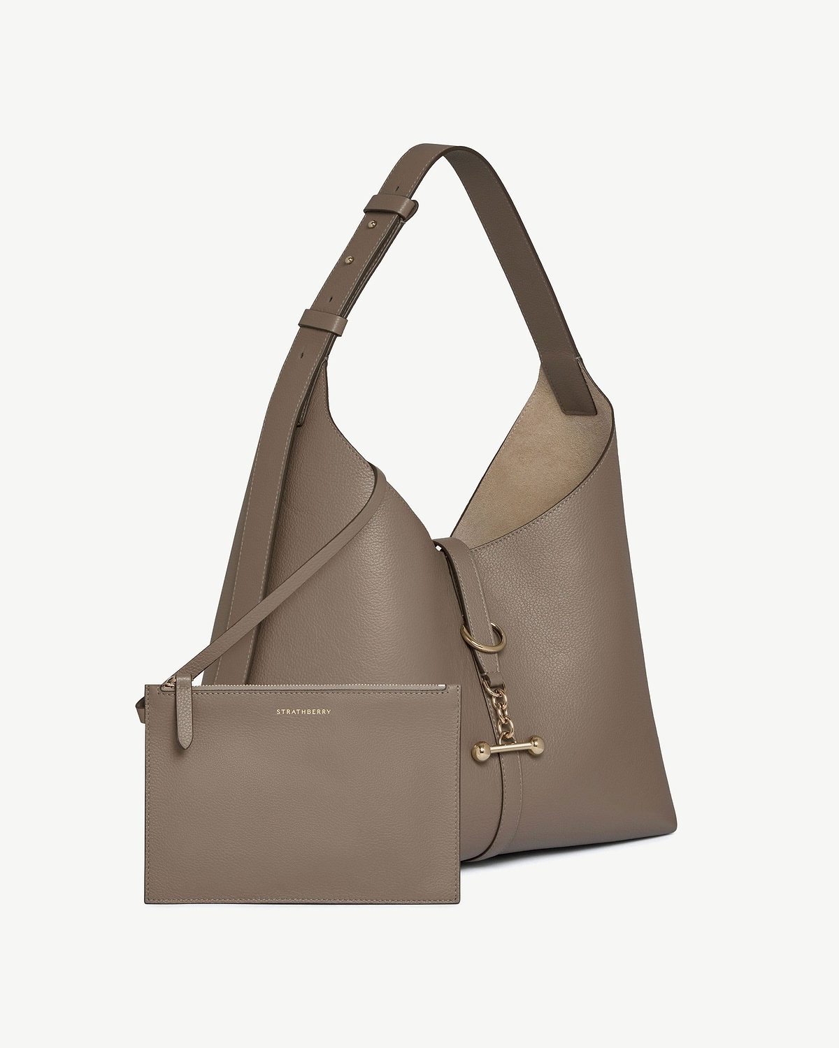 Taupe Kite Hobo Maxi bag with detachable pouch and gold hardware, Strathberry.
