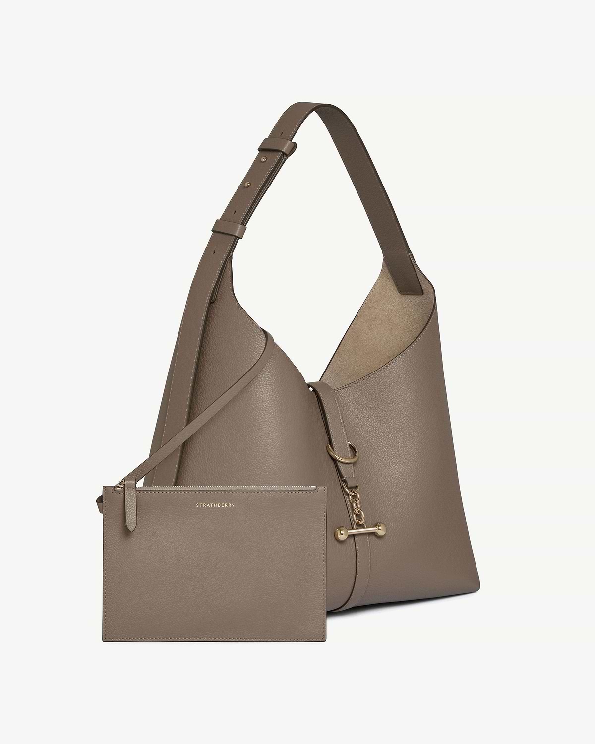 Taupe Kite Hobo Maxi bag with detachable pouch and gold hardware, Strathberry.
