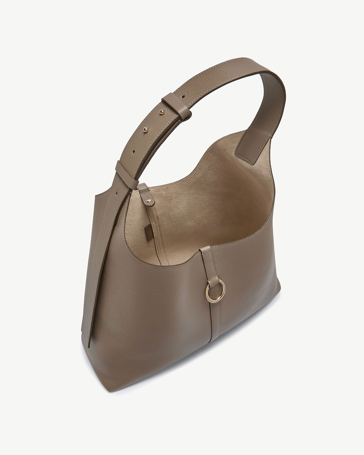 Taupe Kite Hobo Maxi bag with single adjustable shoulder strap and ring detail.