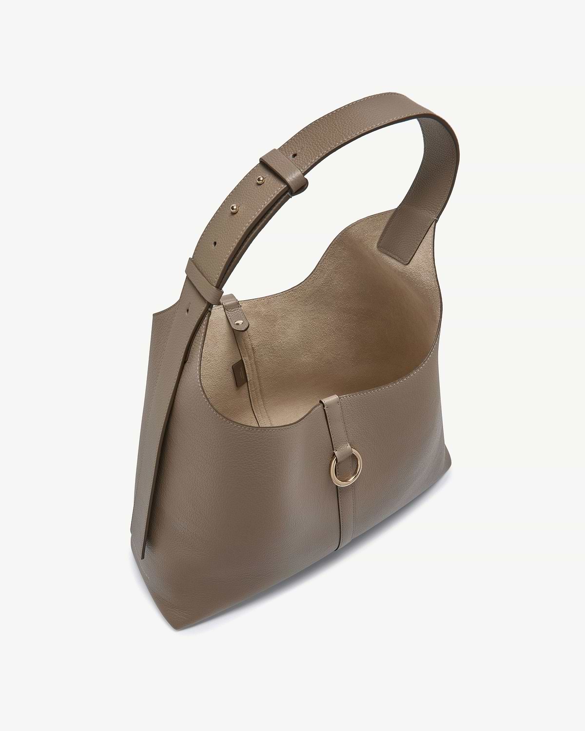 Taupe Kite Hobo Maxi bag with single adjustable shoulder strap and ring detail.