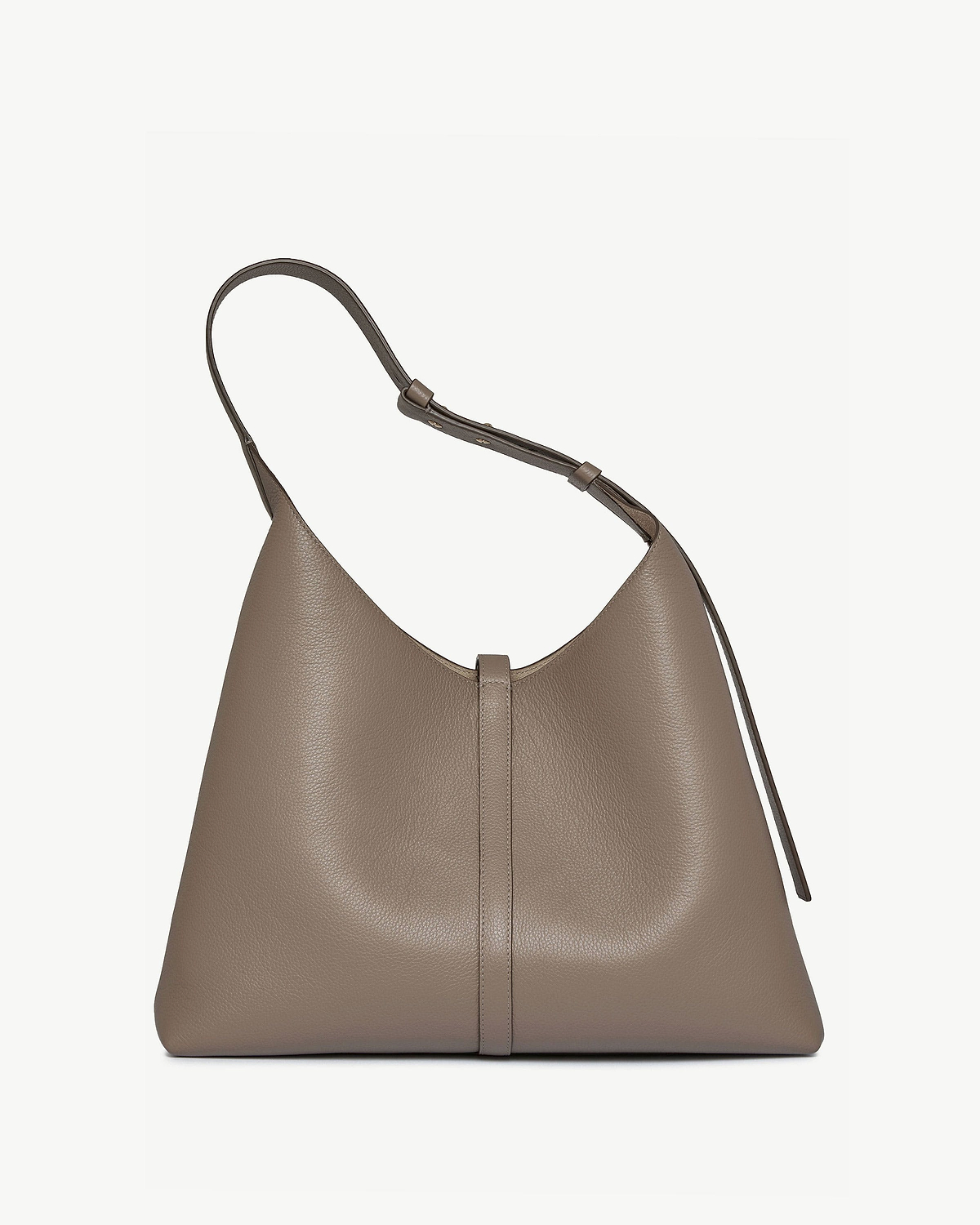 Taupe hobo bag front view with adjustable strap and pebbled leather texture.