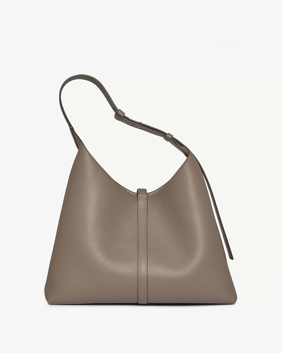 Taupe hobo bag front view with adjustable strap and pebbled leather texture.