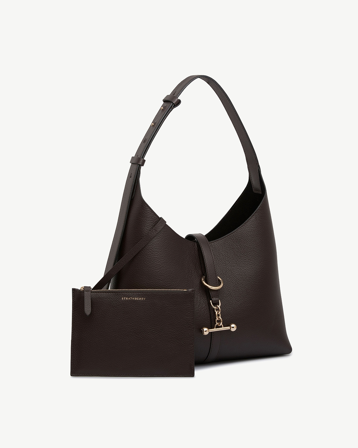 Strathberry Kite Hobo in espresso leather with adjustable strap and matching zipped pouch.