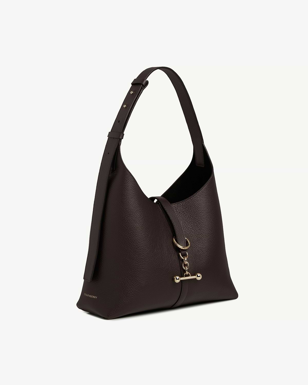 Strathberry espresso pebbled leather Kite Hobo with gold ring and chain toggle.