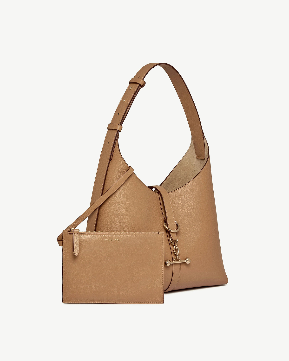 Caramel leather hobo bag with detachable pouch and gold hardware.
