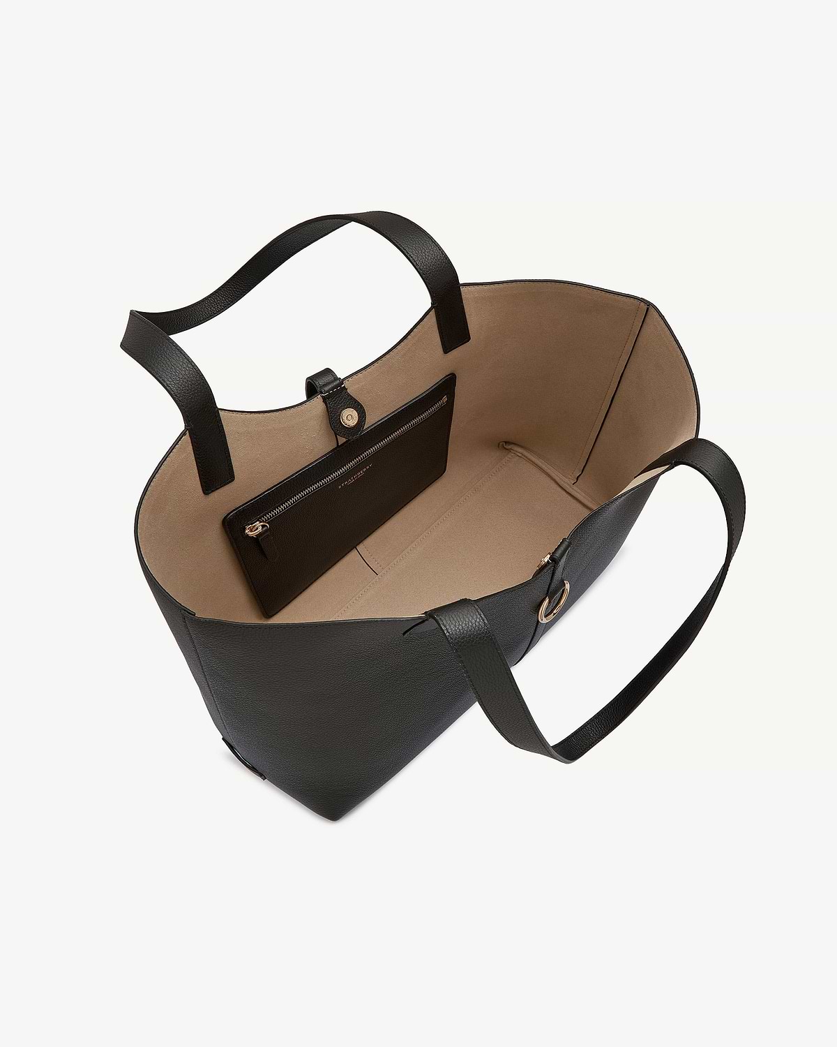 Black kite tote open with beige interior, removable zip pouch, and gold hardware.