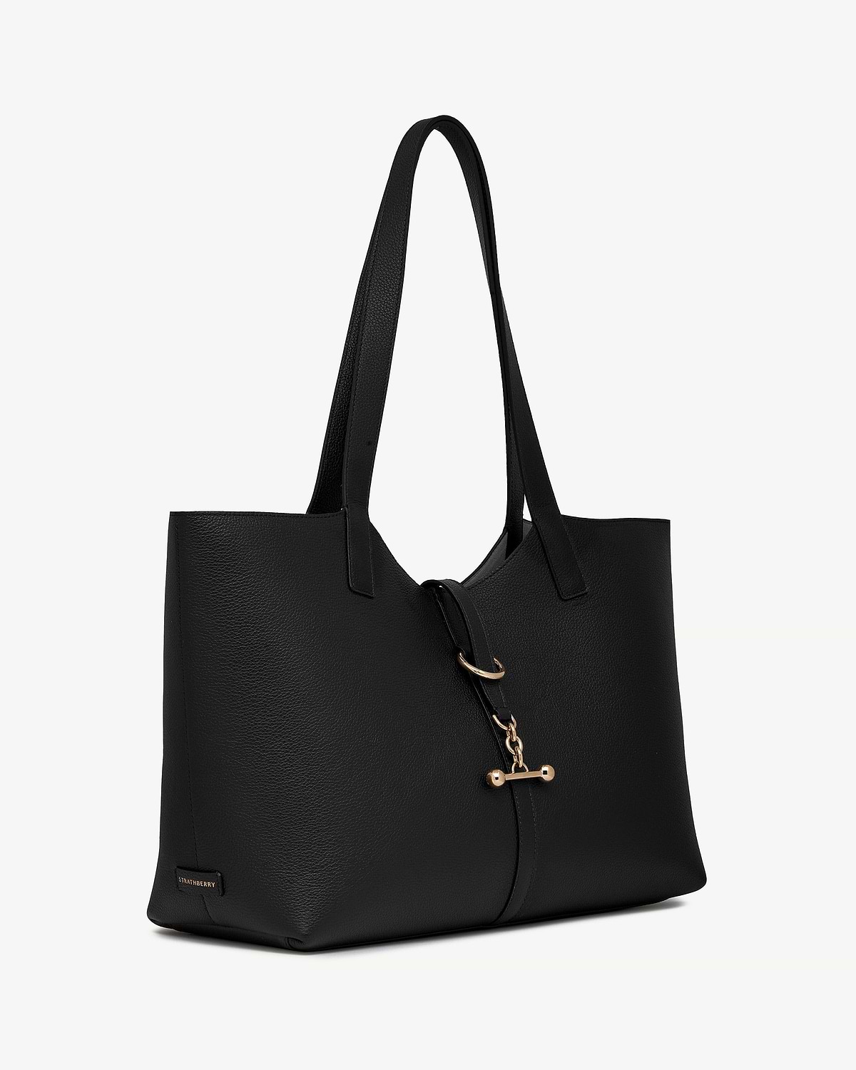 Black kite tote bag with long handles and gold bar fastening, Strathberry logo.