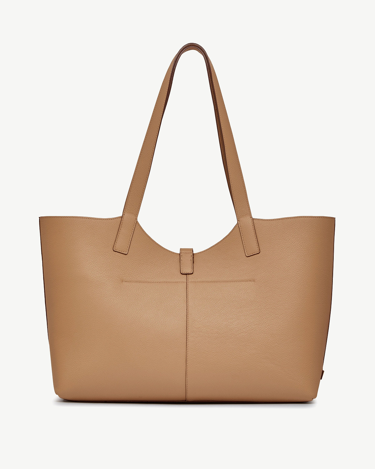 Caramel kite tote with two shoulder straps and front tab fastening