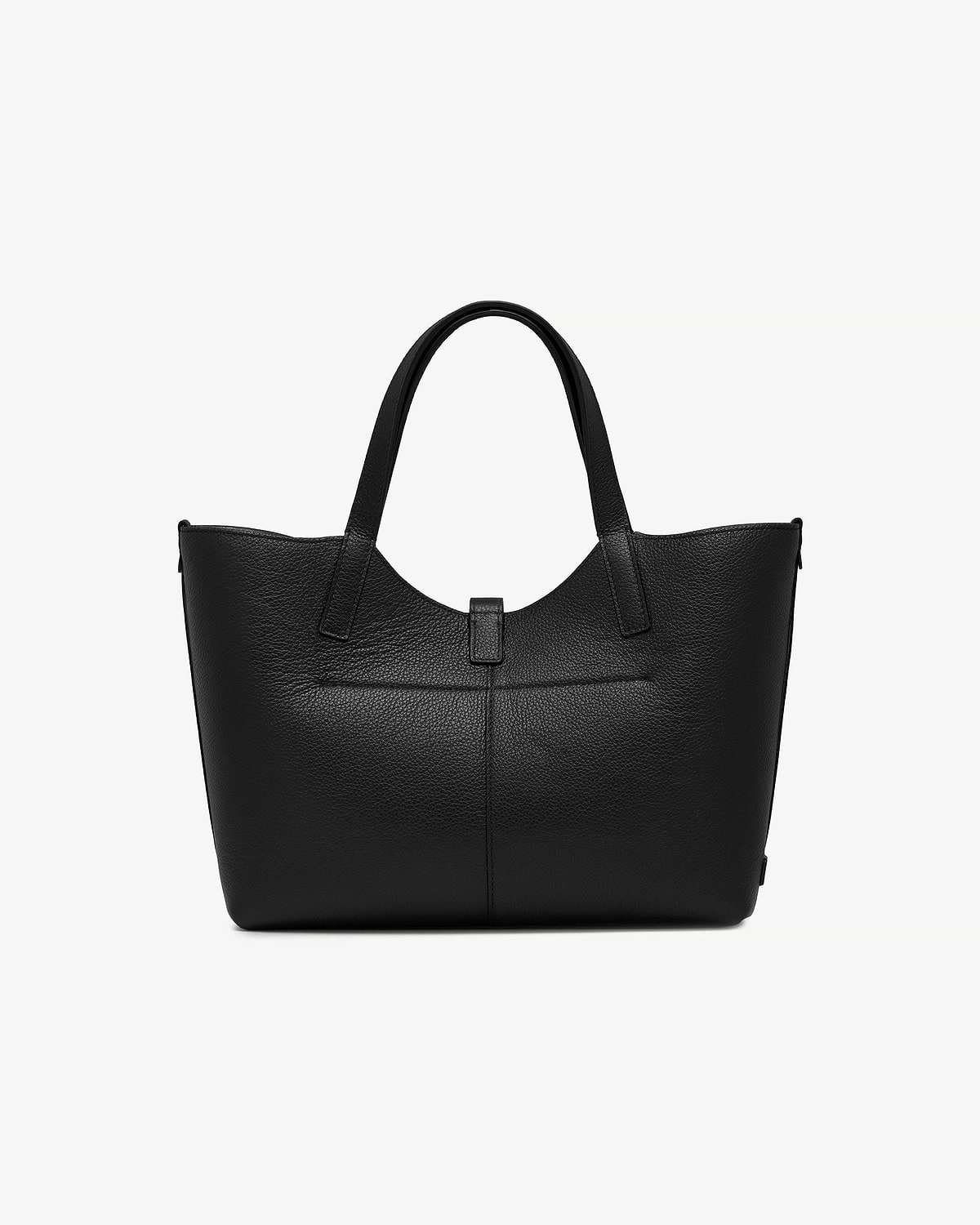 Black pebbled leather tote with two top handles and central tab closure.
