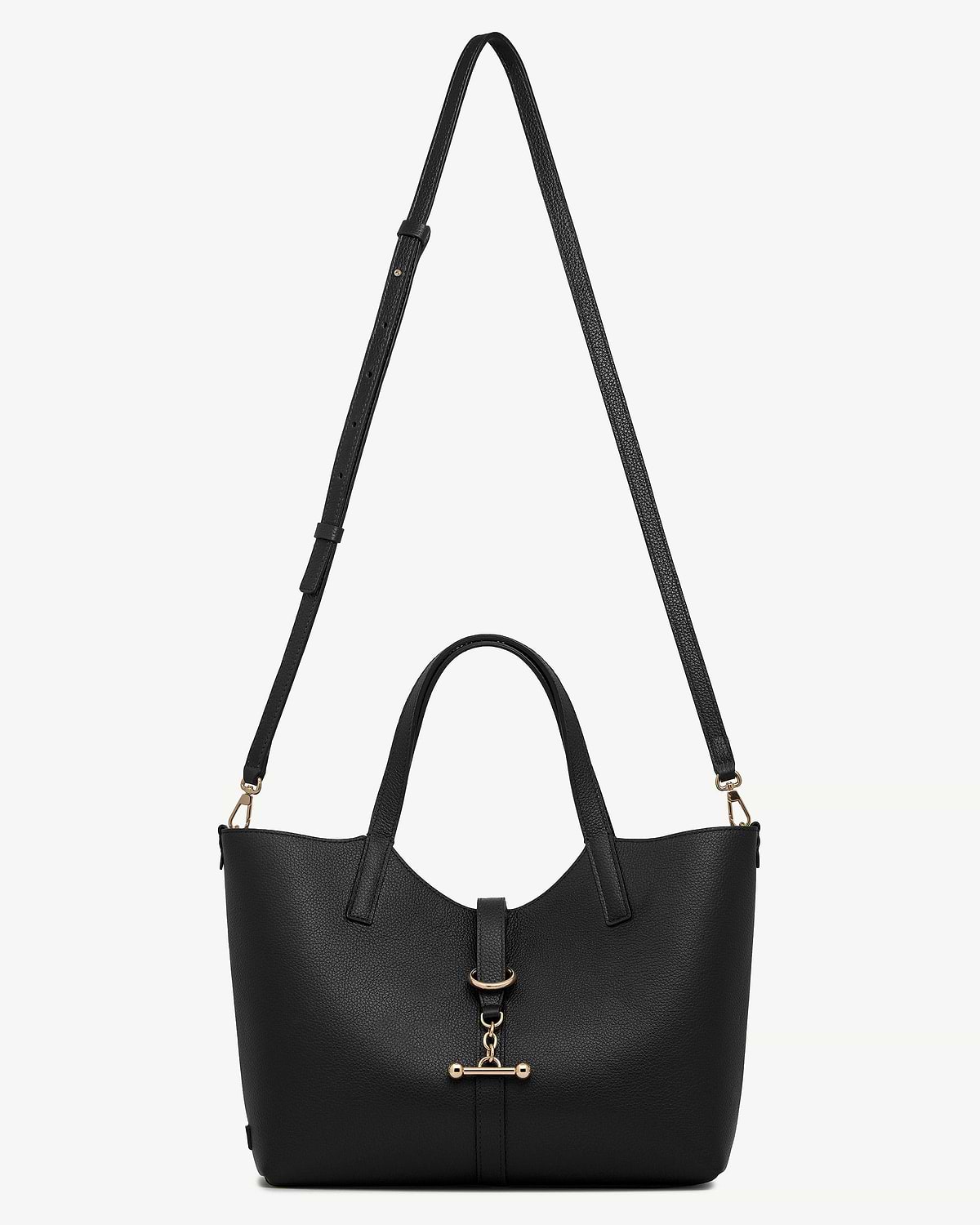 Black Kite Tote Midi with top handles, detachable shoulder strap and gold bar clasp.