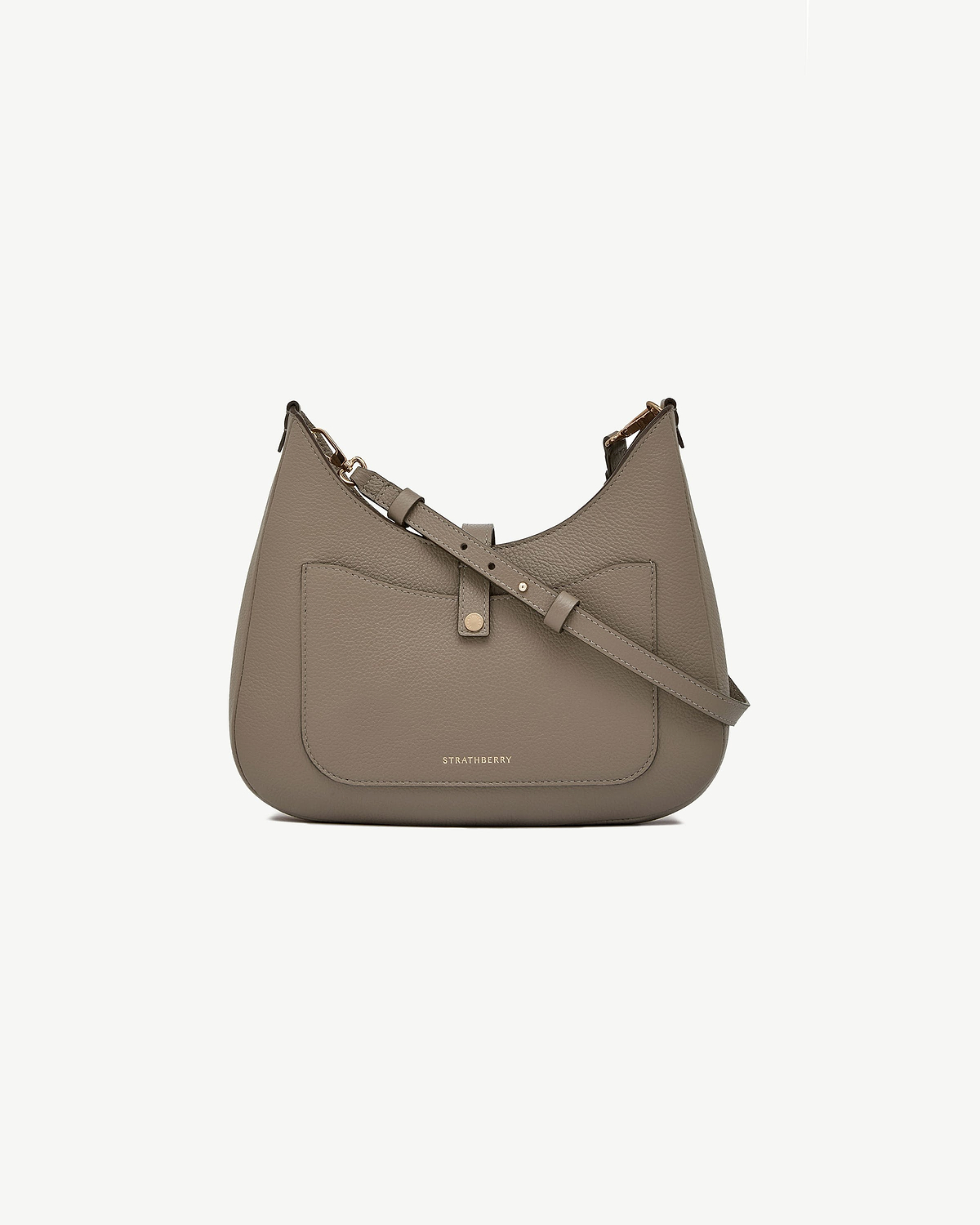 Taupe Strathberry Kite Sling bag with front pocket and adjustable shoulder strap.