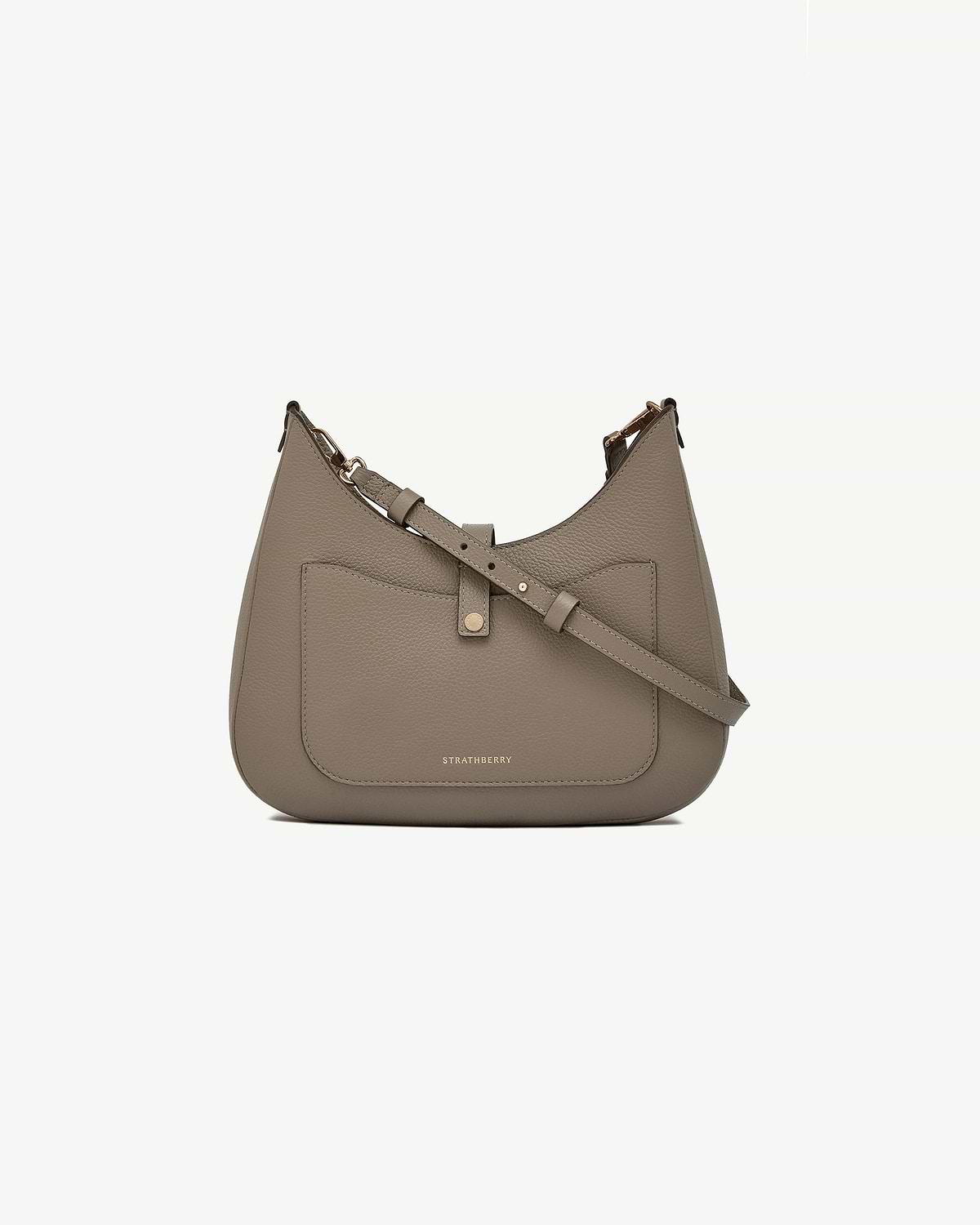 Taupe Strathberry Kite Sling bag with front pocket and adjustable shoulder strap.