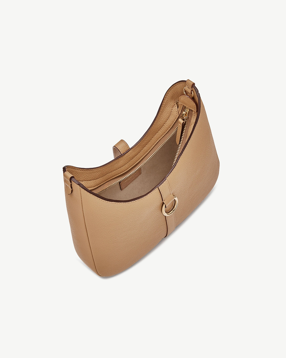 Caramel leather kite sling bag with gold ring detail and internal zip pocket