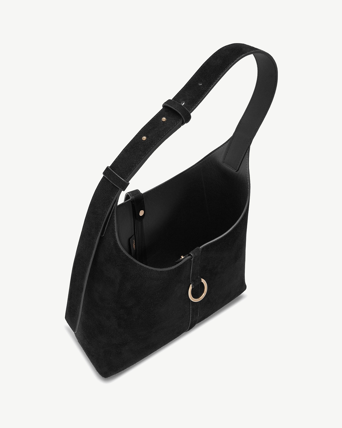 Black suede Kite Hobo Maxi bag with adjustable shoulder strap and gold ring detail.