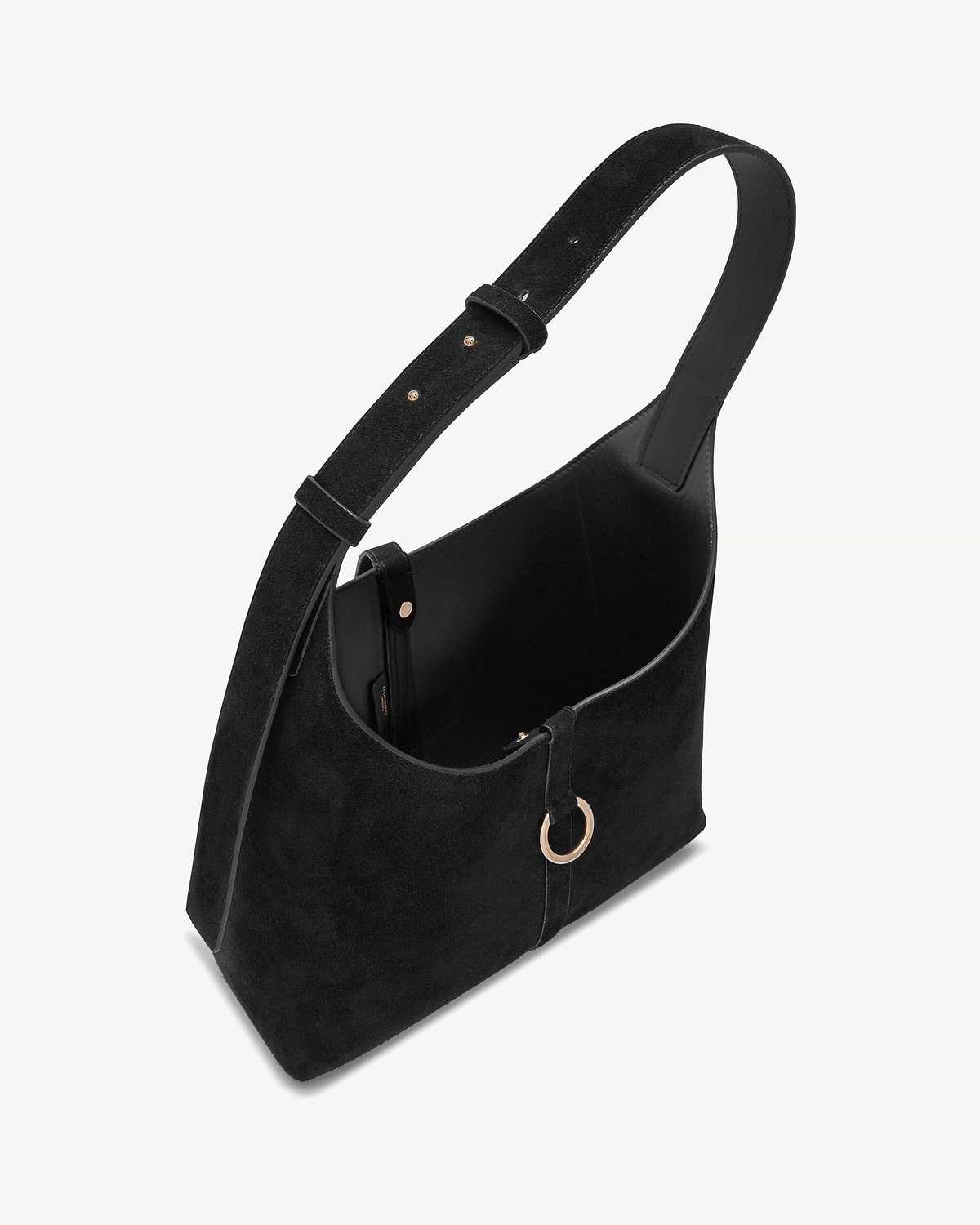 Black suede Kite Hobo Maxi bag with adjustable shoulder strap and gold ring detail.