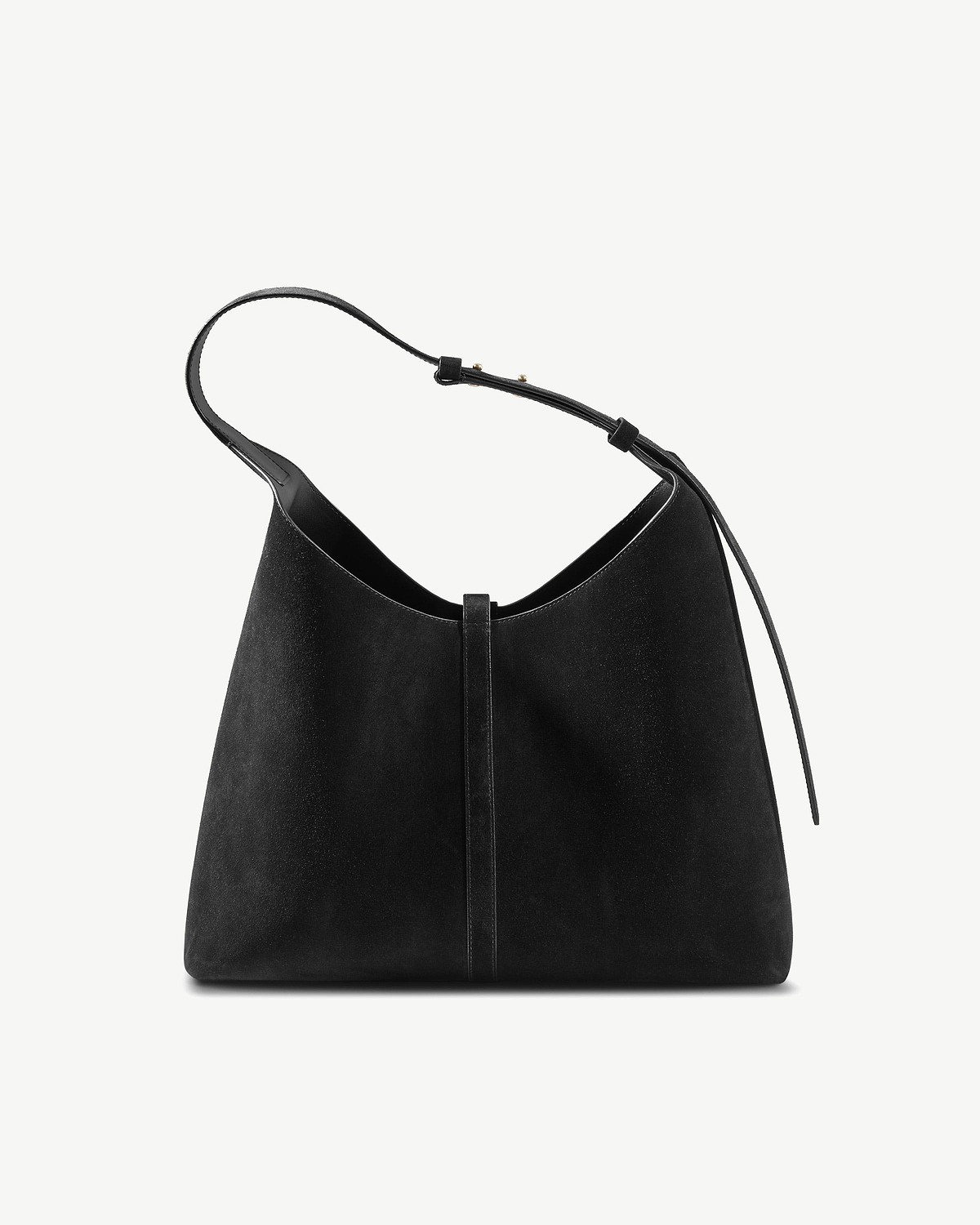 Black suede hobo bag with single shoulder strap and central vertical seam.