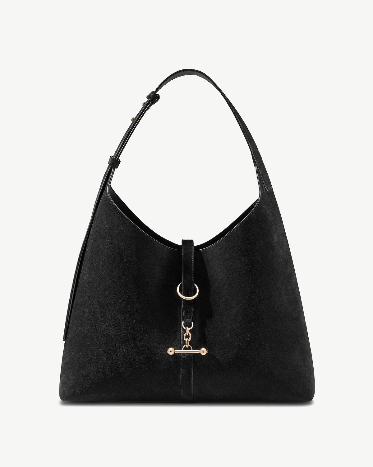 Black suede hobo bag with single shoulder strap and gold T-bar chain detail