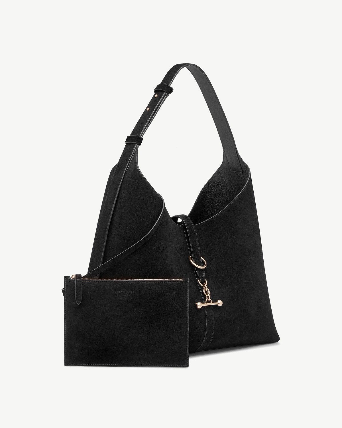 Strathberry black suede Kite Hobo Maxi bag with detachable pouch and gold hardware