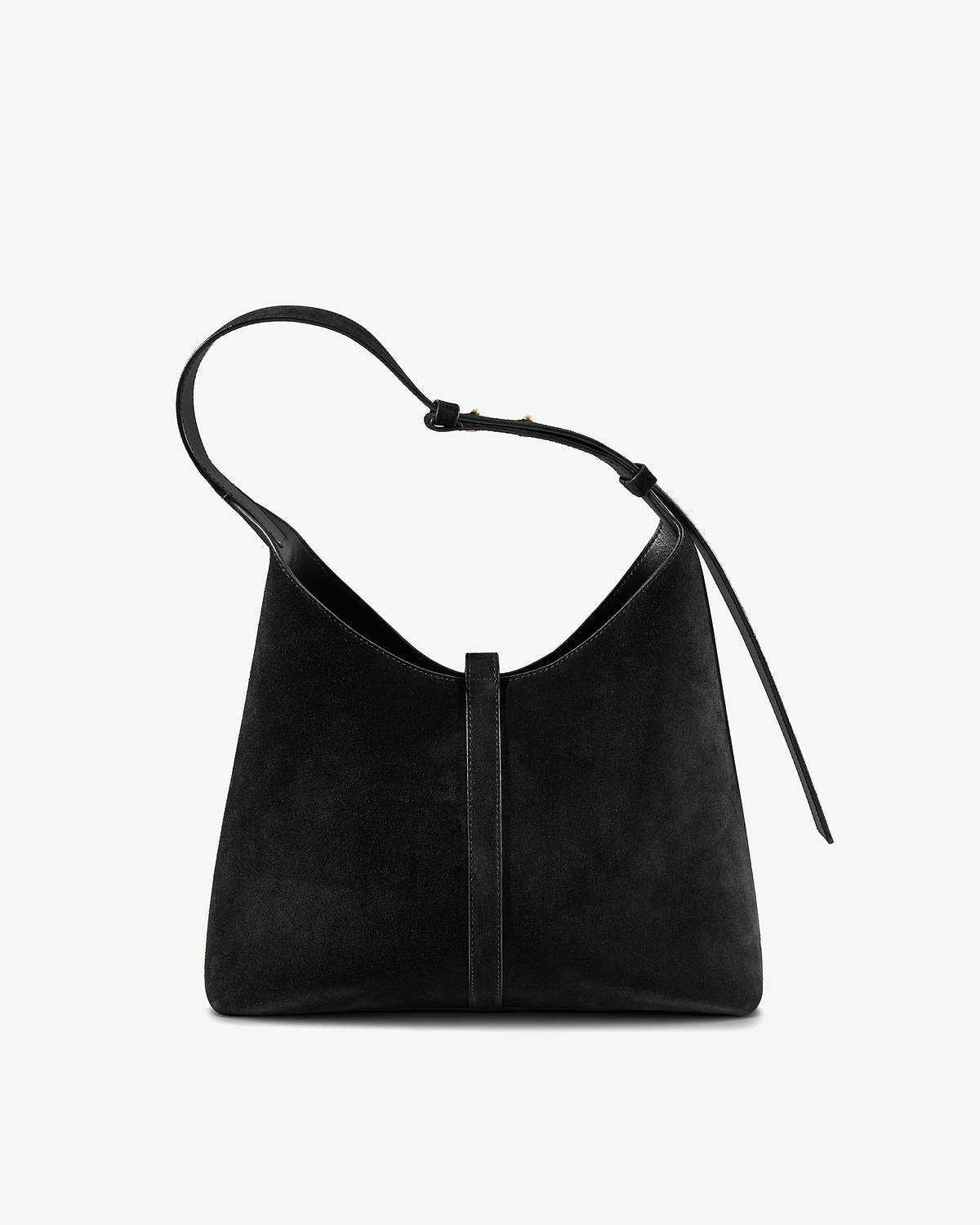 Black suede kite hobo bag with single shoulder strap and central vertical seam
