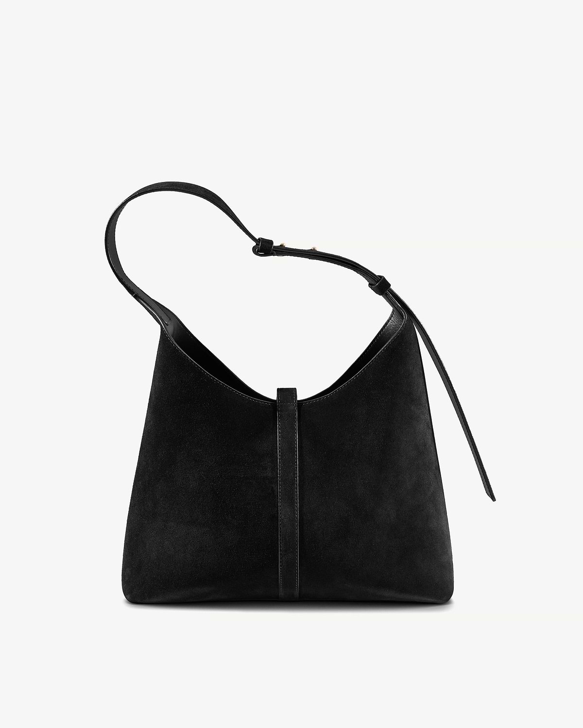 Black suede kite hobo bag with single shoulder strap and central vertical seam