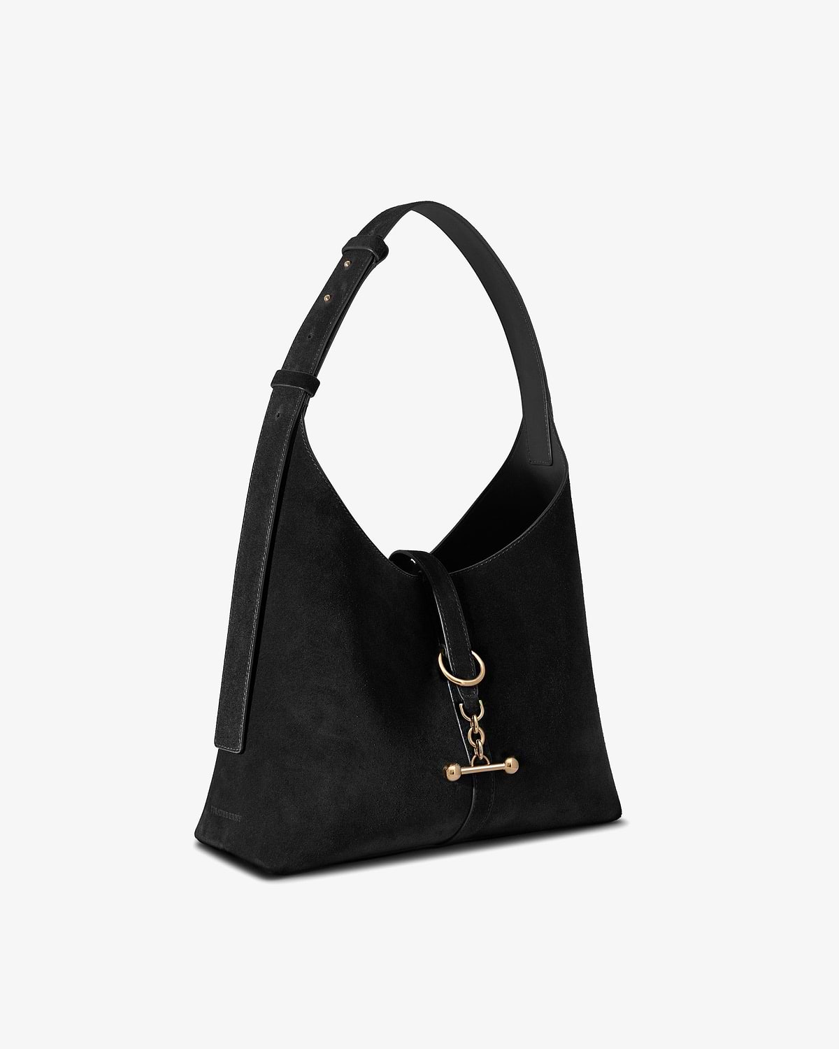 Black suede hobo bag with adjustable strap and gold toggle hardware.