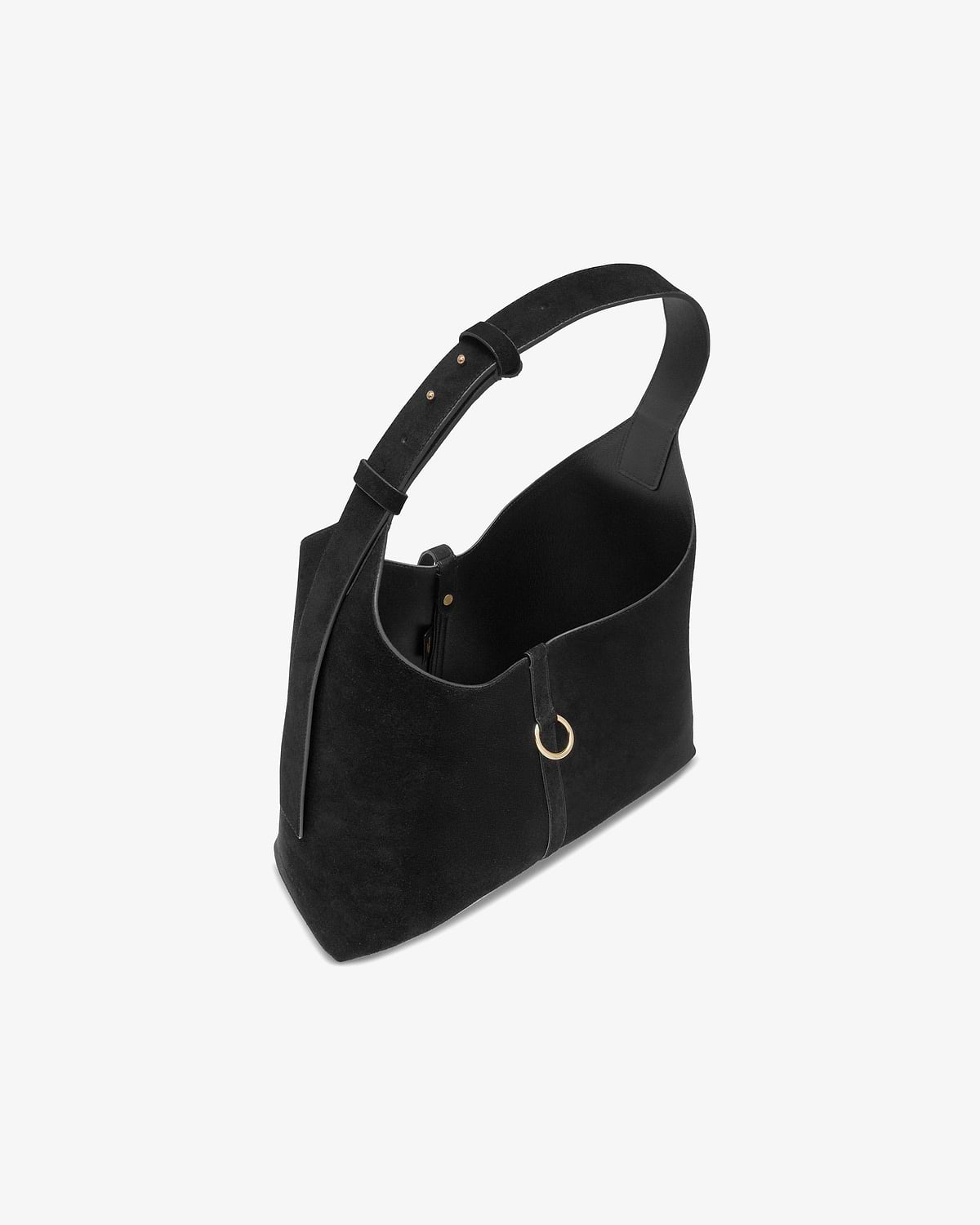 Black suede Kite Hobo with adjustable shoulder strap and gold ring detail.