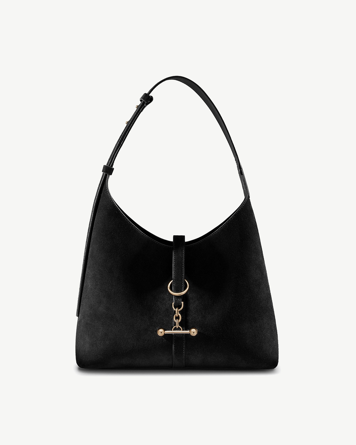 Black suede Kite Hobo with top strap and gold ring clasp.