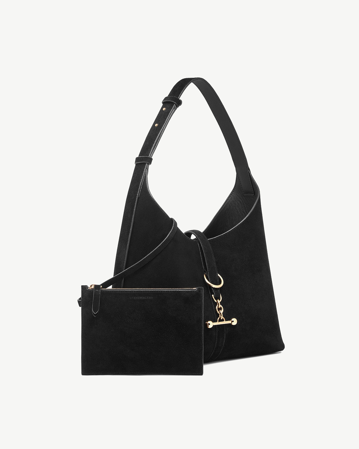 Black suede Kite Hobo bag with matching zipped pouch and gold hardware.