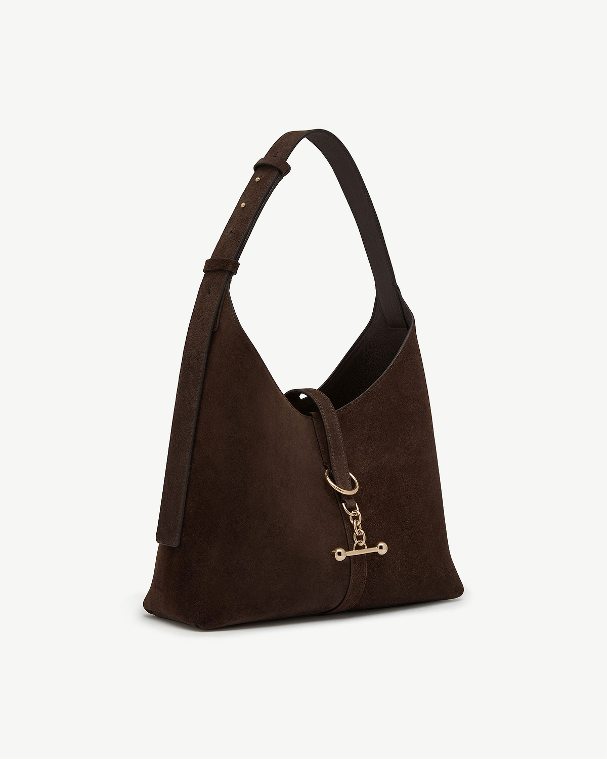 Chocolate suede Kite Hobo bag with adjustable shoulder strap and gold toggle hardware.