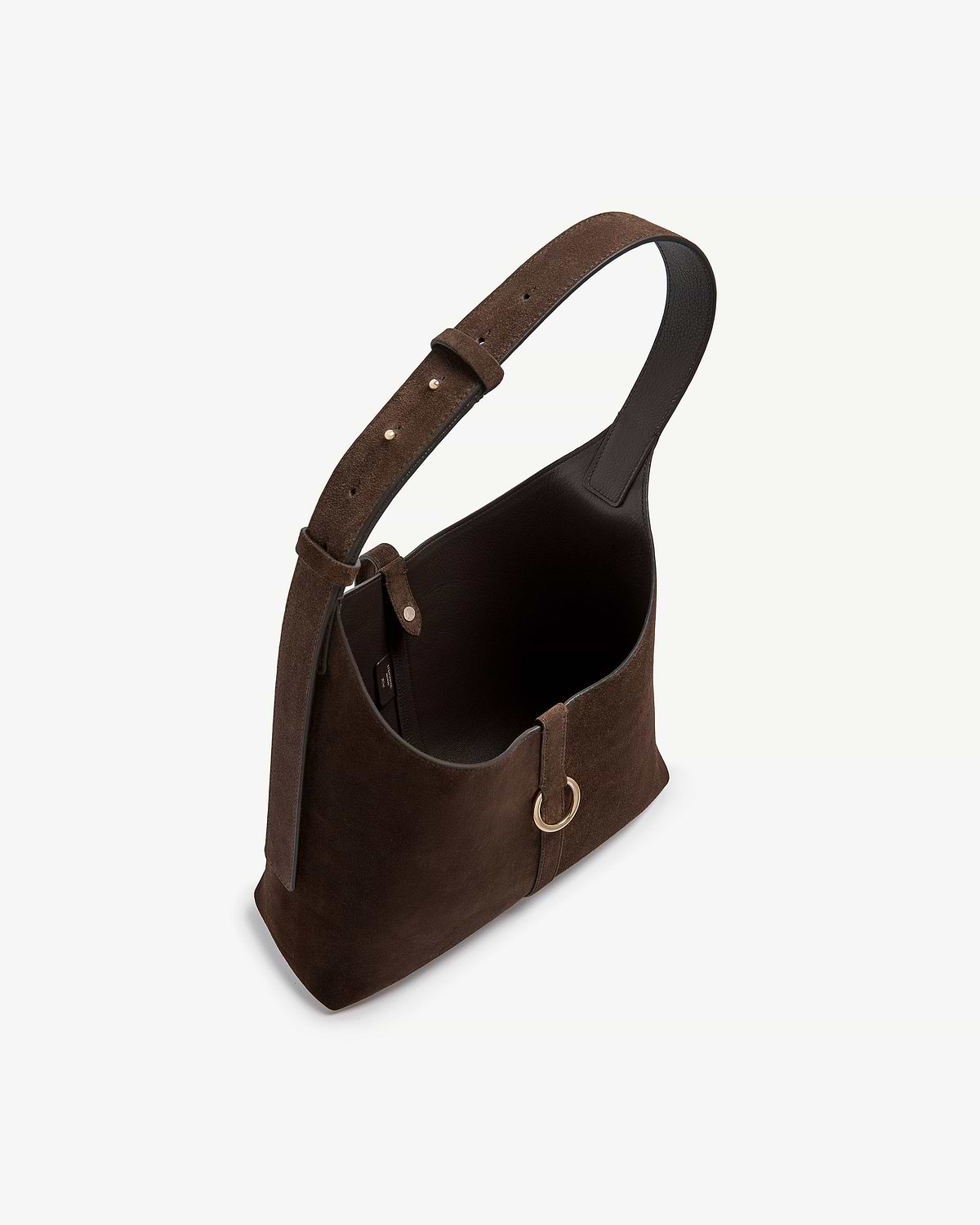 Chocolate suede hobo bag with adjustable strap, gold ring detail and open interior.