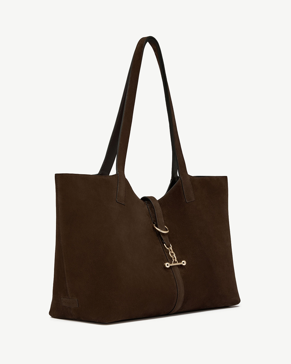 Chocolate suede tote bag with long shoulder straps and gold chain fastening.