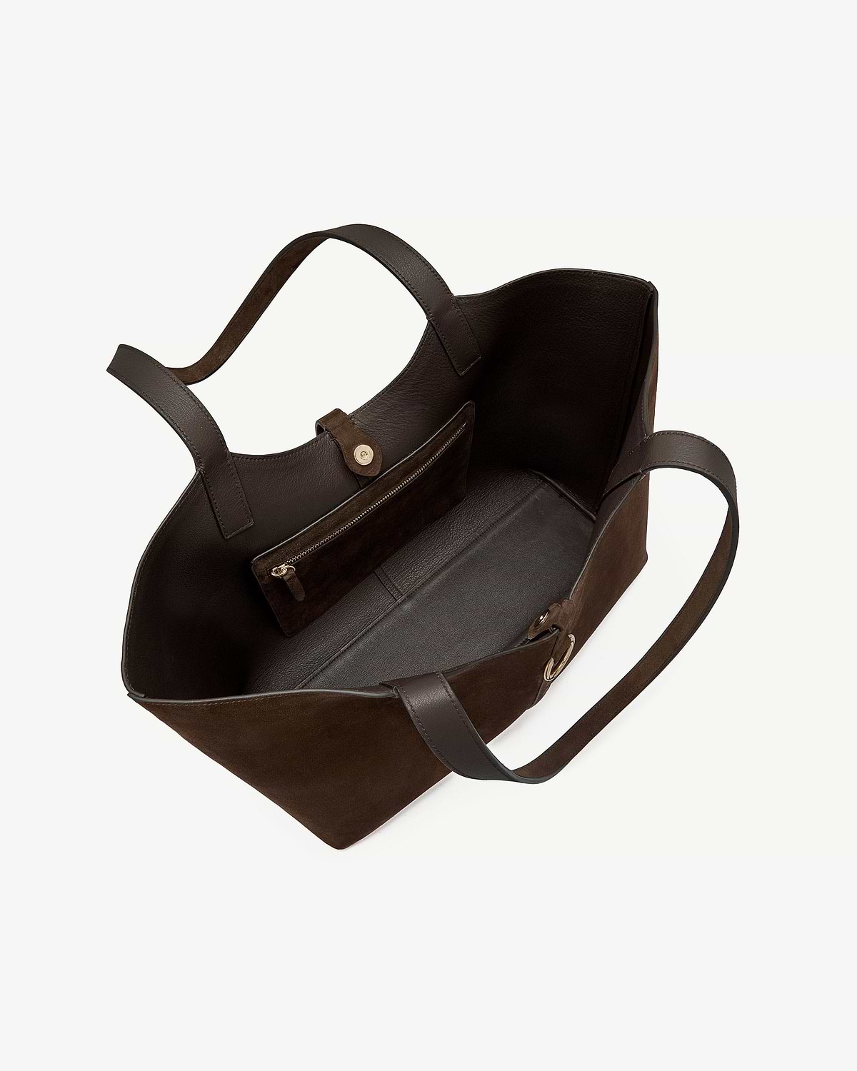 Open chocolate suede tote bag with leather handles and internal zip pocket.