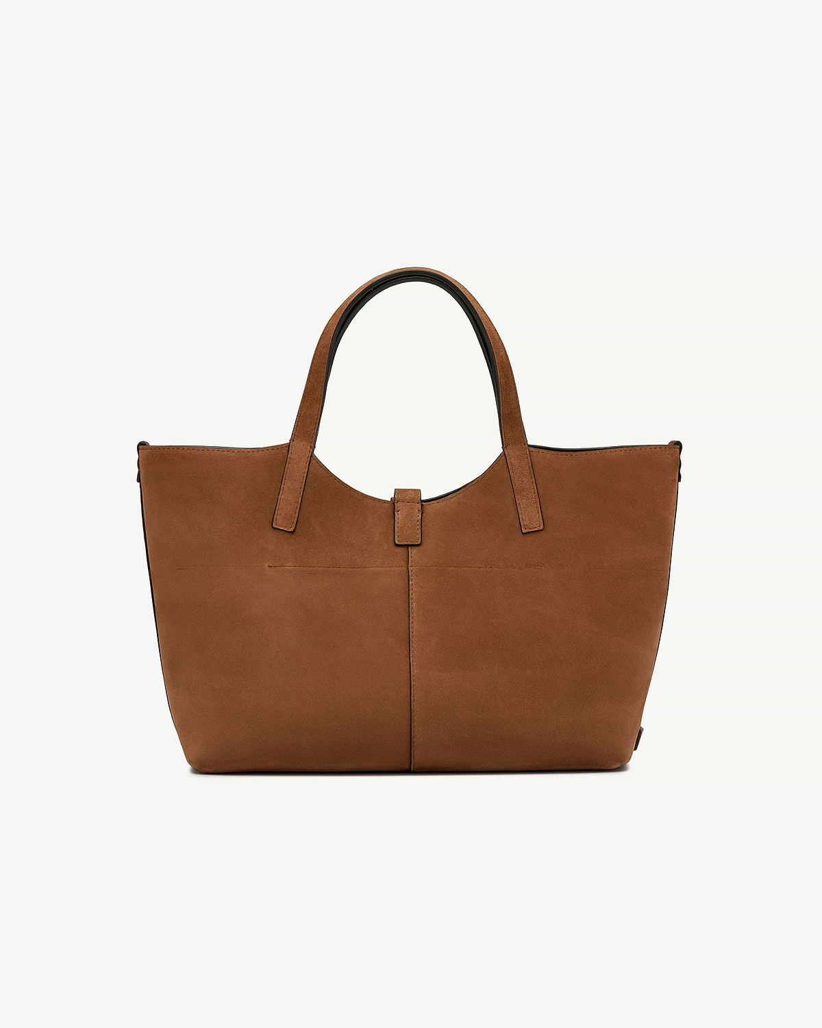 Tan suede tote bag with double handles and front centre tab closure.