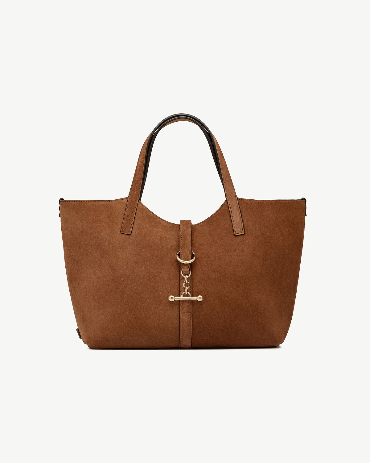 Tan suede tote with double top handles and central gold bar toggle fastening.