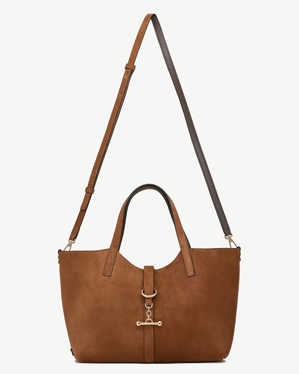Tan suede tote with top handles, detachable shoulder strap and gold toggle closure.