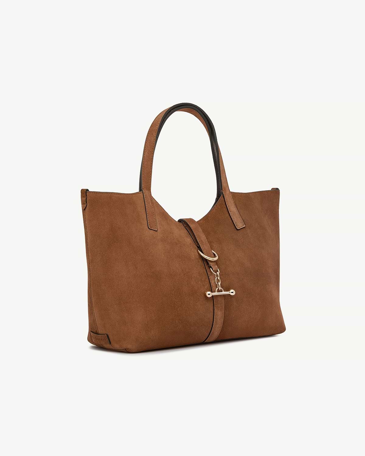 Tan suede tote bag with top handles and gold toggle-chain fastening.