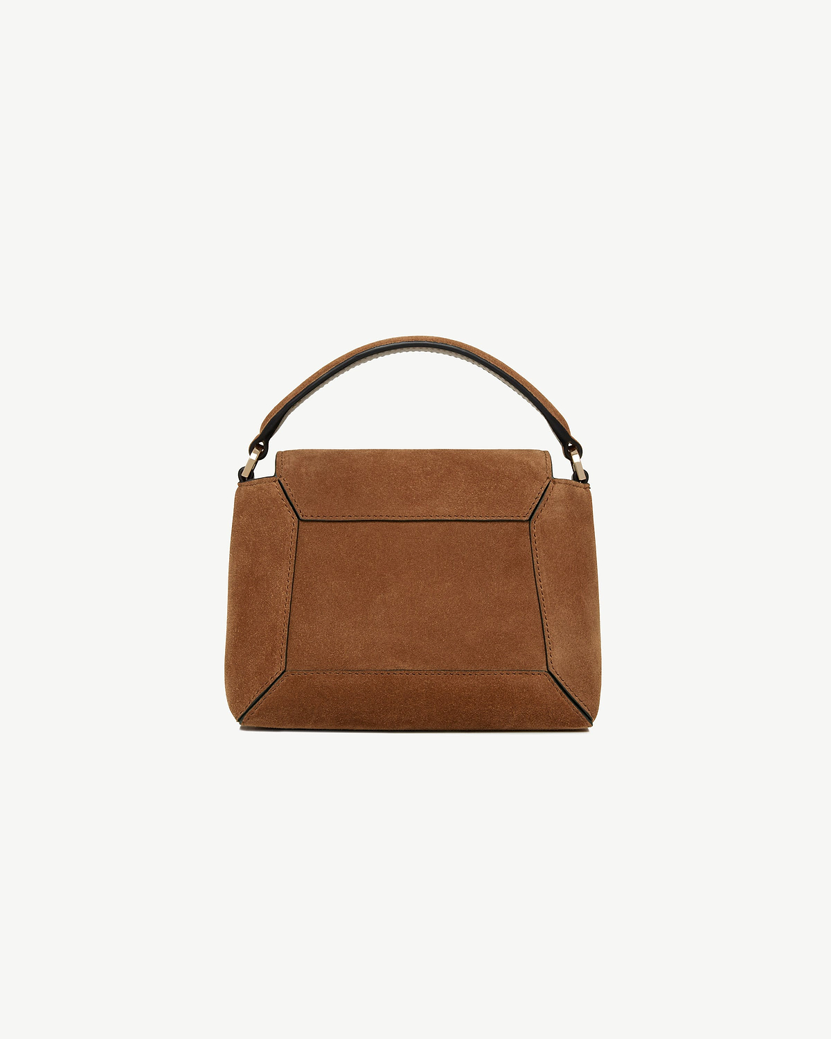 Tan suede Mosaic Nano top-handle bag shown from the front, handle and flap visible.