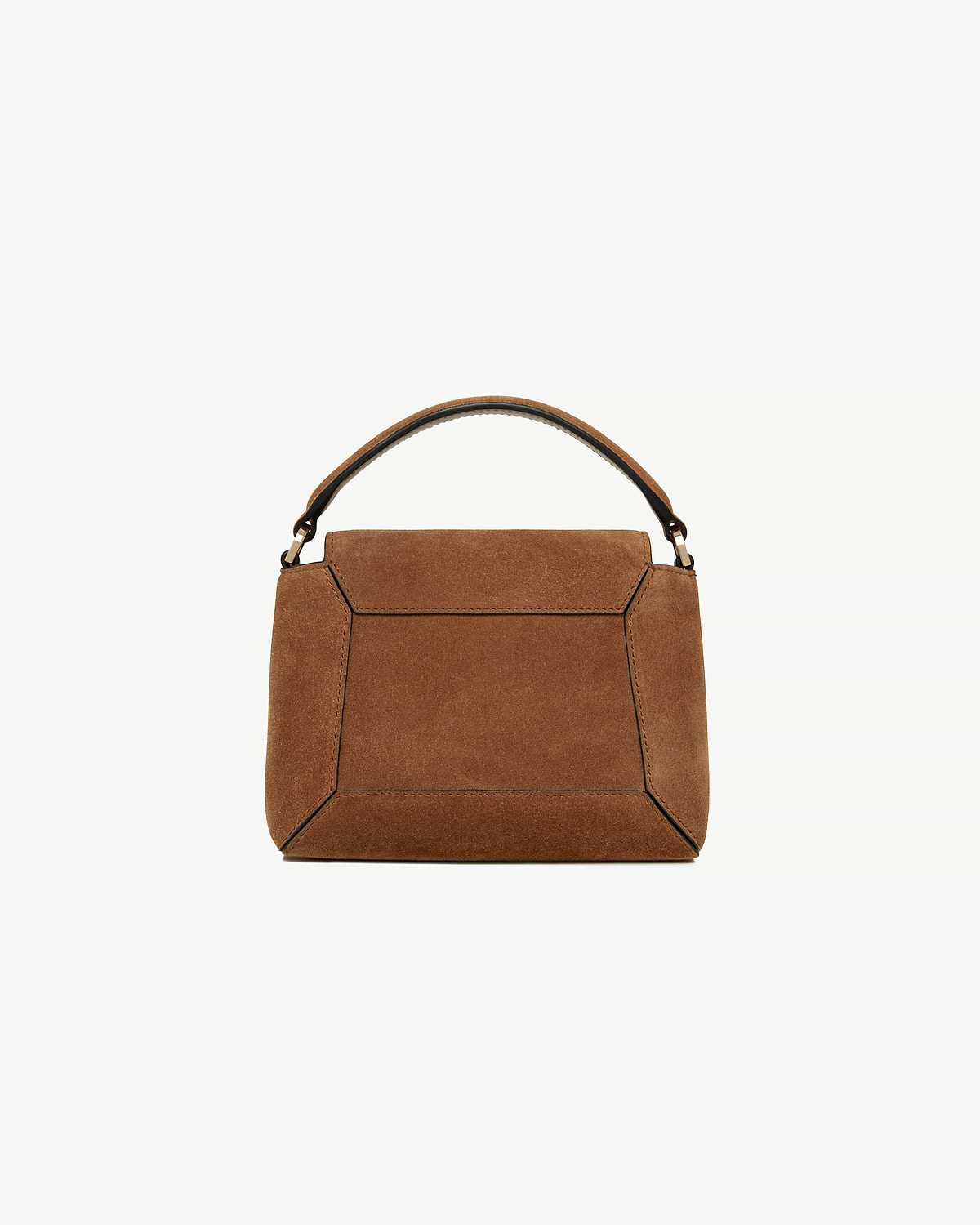 Tan suede Mosaic Nano top-handle bag shown from the front, handle and flap visible.