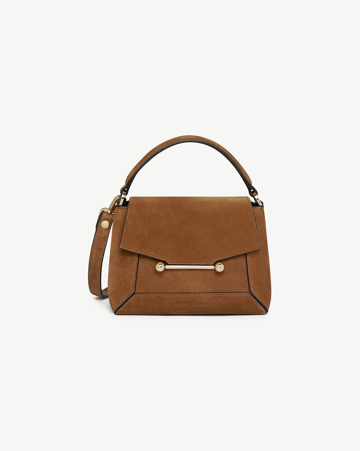 Strathberry Mosaic Nano tan suede mini top-handle bag with gold bar detail.
