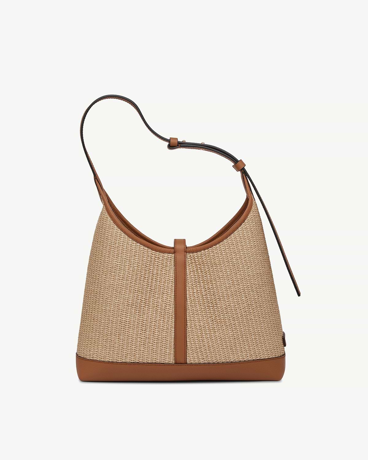 Tan and natural raffia kite hobo bag with leather trim and adjustable strap.