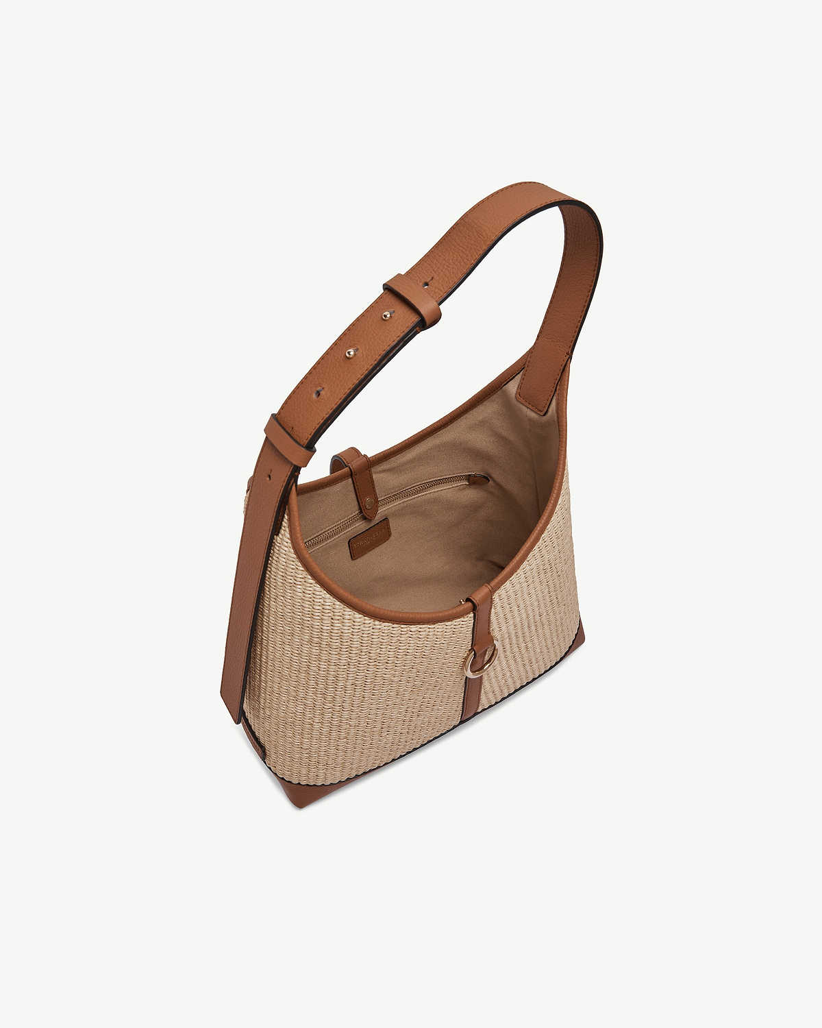 Tan and natural raffia Kite Hobo bag with tan leather trim and zip pocket.