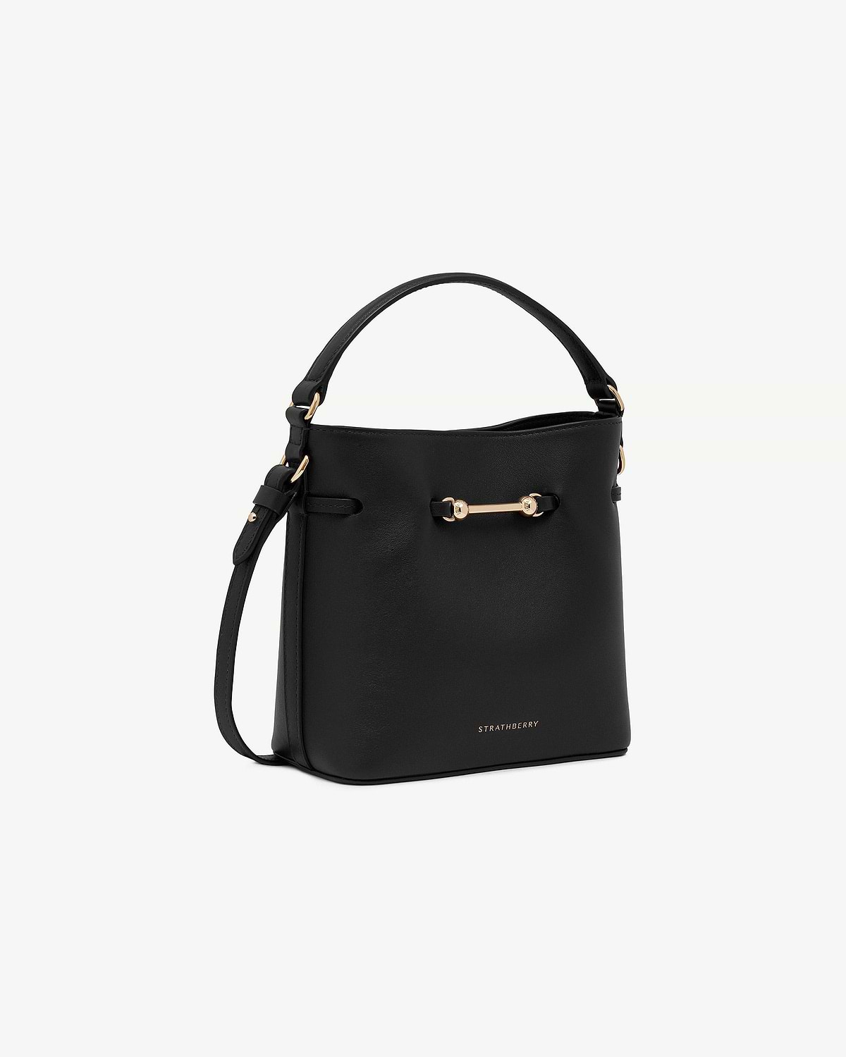 Black Strathberry Corda Bucket Mini bag with top handle, shoulder strap, gold bar hardware