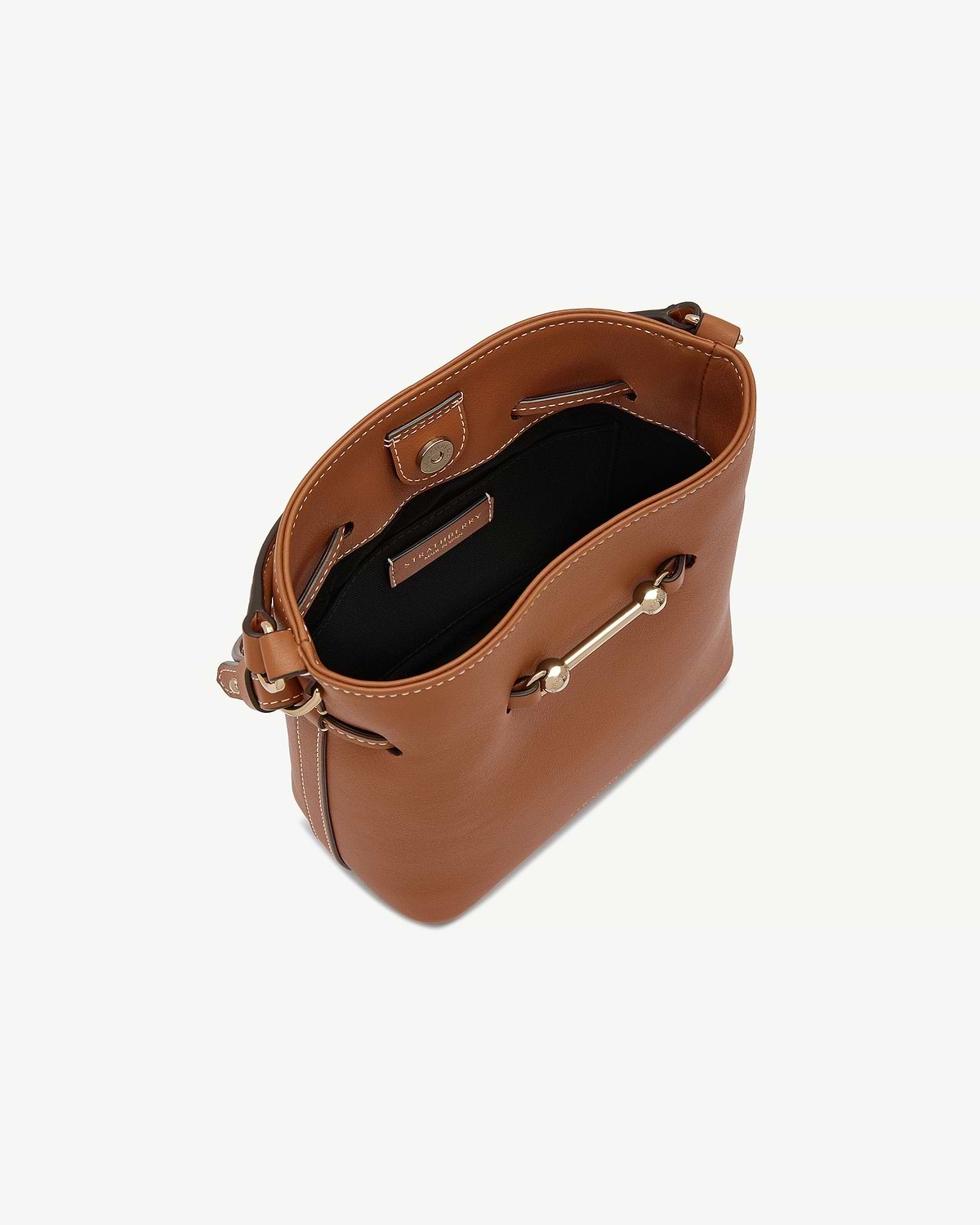 Chestnut Strathberry Corda Bucket Mini with open interior and gold hardware.